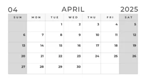 Black and white April 2025 calendar with grey color showing weekends