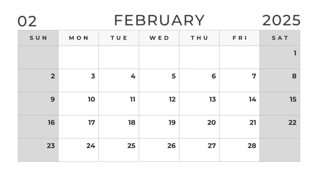 Black and white February 2025 calendar with grey color for weekends