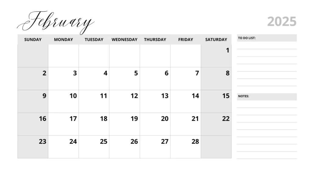 Black and white February 2025 calendar with to do list showing weekends in grey color