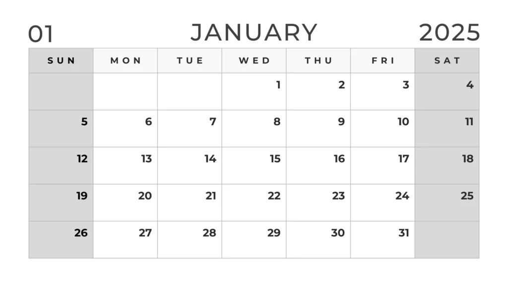 Black and white January 2025 calendar with grey color for weekends