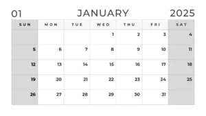 Black and white January 2025 calendar with grey color for weekends