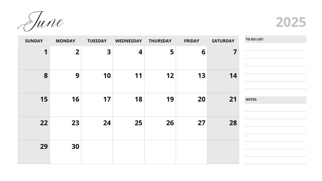 Black and white June 2025 calendar with weekends in grey color and to do list