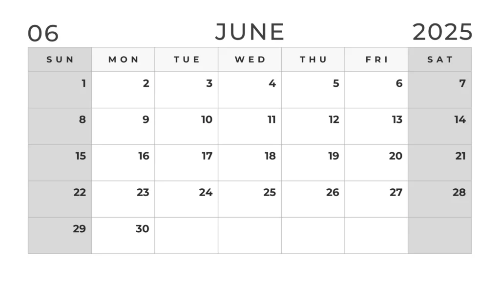 Black and white June 2025 calendar with weekends in grey color