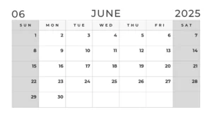 Black and white June 2025 calendar with weekends in grey color