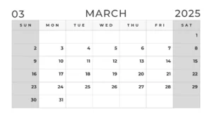 Black and white March 2025 calendar with grey color for weekends