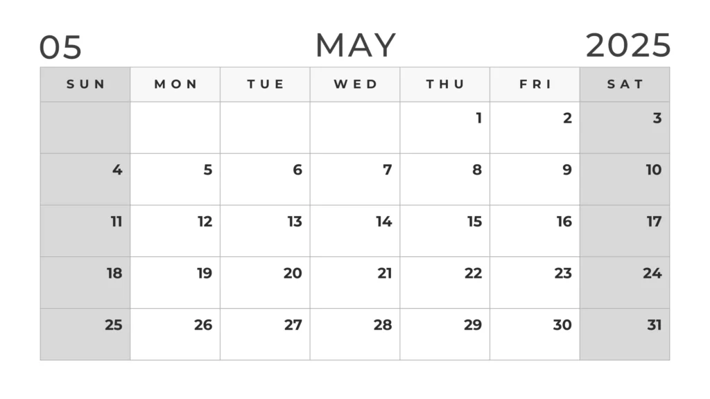 Black and white May 2025 calendar with weekends mentioned in grey color