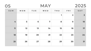 Black and white May 2025 calendar with weekends mentioned in grey color