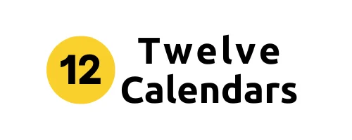 Yellow circle with digits 12 in black color and Twelve Calendars written in black color on white background