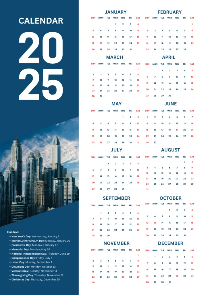 blue and white 2025 calendar with holidays in red color