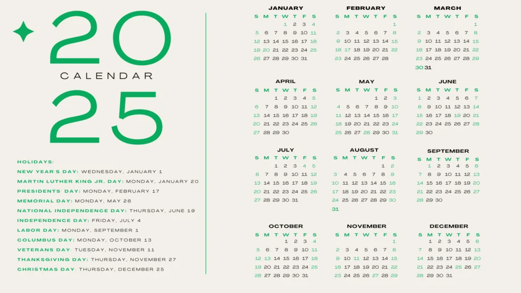 grey and green 2025 calendar with holidays in landscape shape