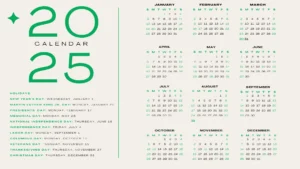 grey and green 2025 calendar with holidays in landscape shape