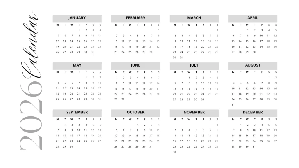 black and white 2026 calendar with month names in grey boxes