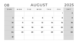 Black and white August 2025 calendar with weekends in grey color