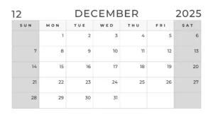 Black and white December 2025 calendar with weekends in grey color