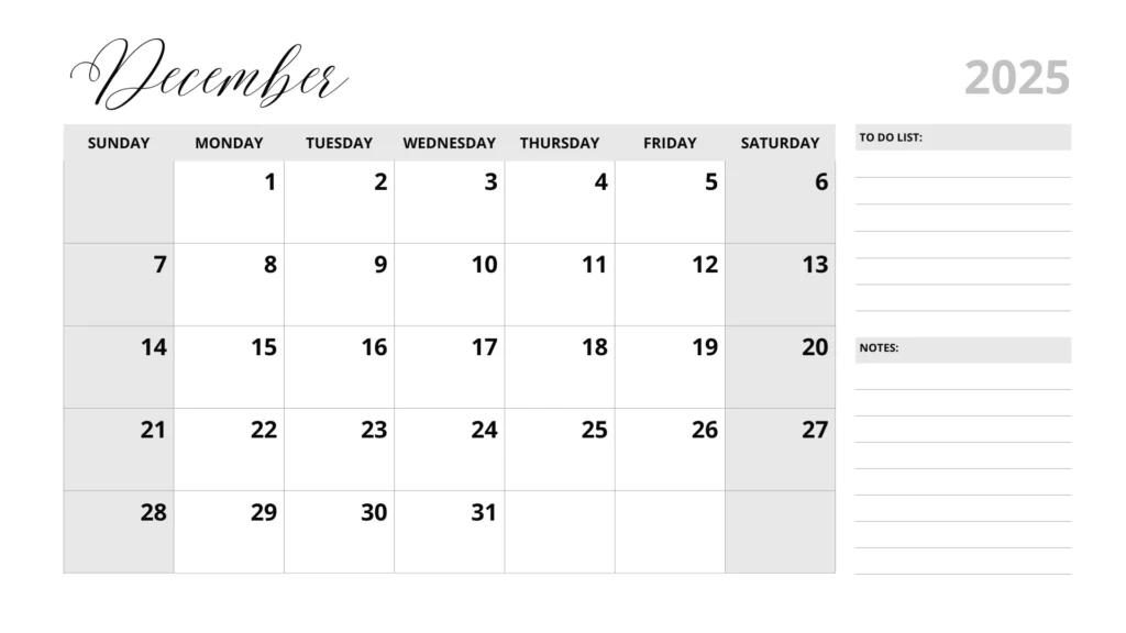 Black and white December 2025 calendar with to do list and weekends in grey color