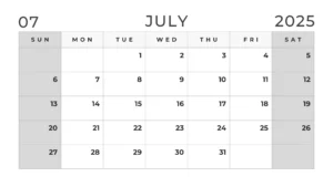 Black and white July 2025 calendar with weekends in grey color