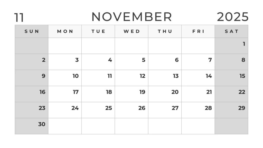 black and white November 2025 calendar with weekends in grey color