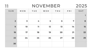 black and white November 2025 calendar with weekends in grey color