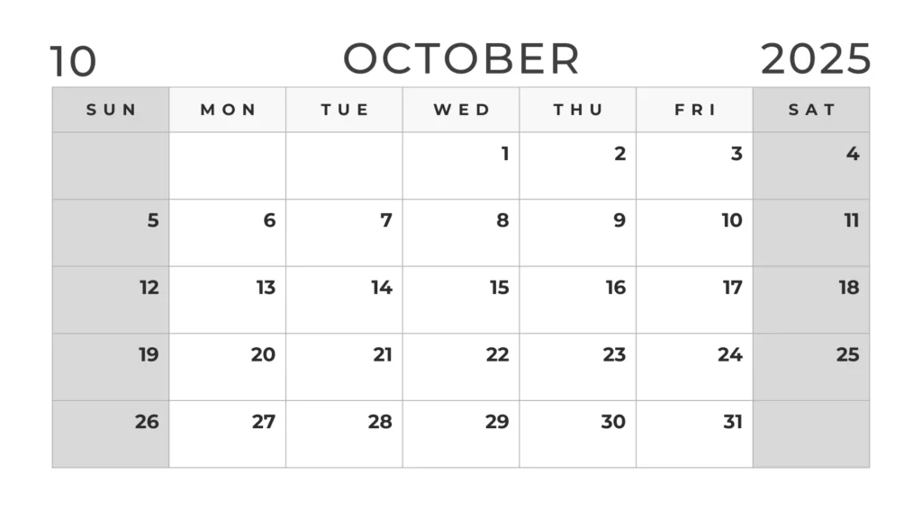 Black and white October 2025 calendar with weekends in grey colore