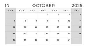 Black and white October 2025 calendar with weekends in grey colore