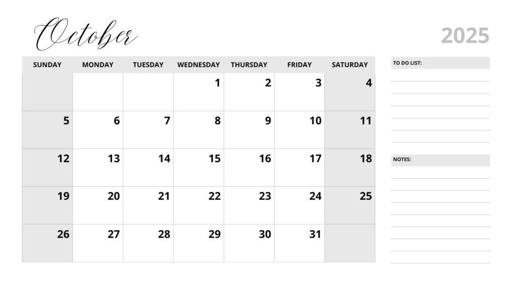 Black and white October 2025 calendar with weekends in grey color and to do list