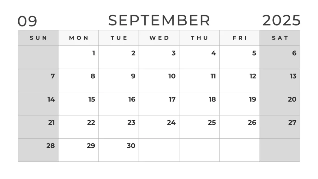 Black and white September 2025 calendar with weekends in grey color