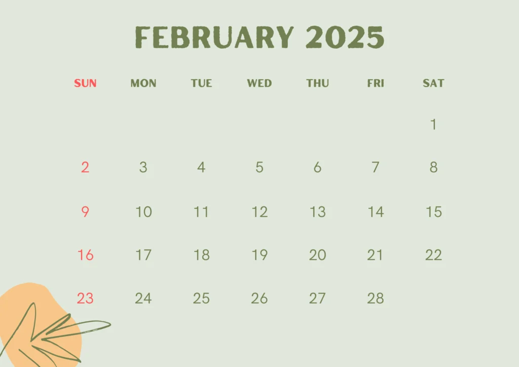 green and red February 2025 calendar with yellow design