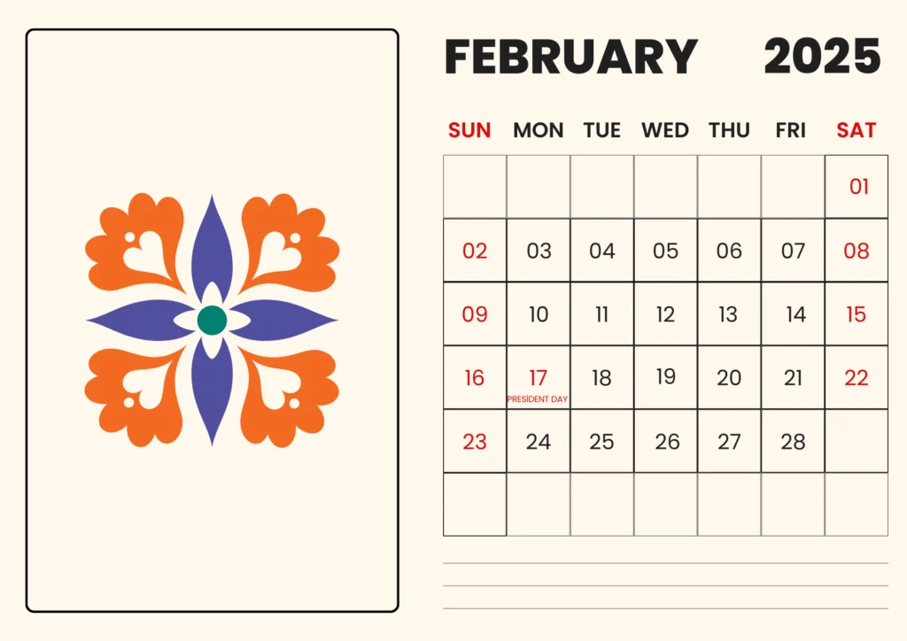 black and red February 2025 calendar with design on a pale background
