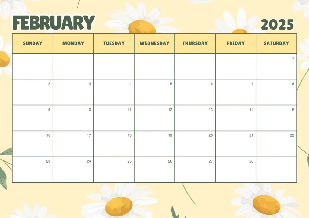 Yellow February 2025 calendar with white and yellow flowers in background