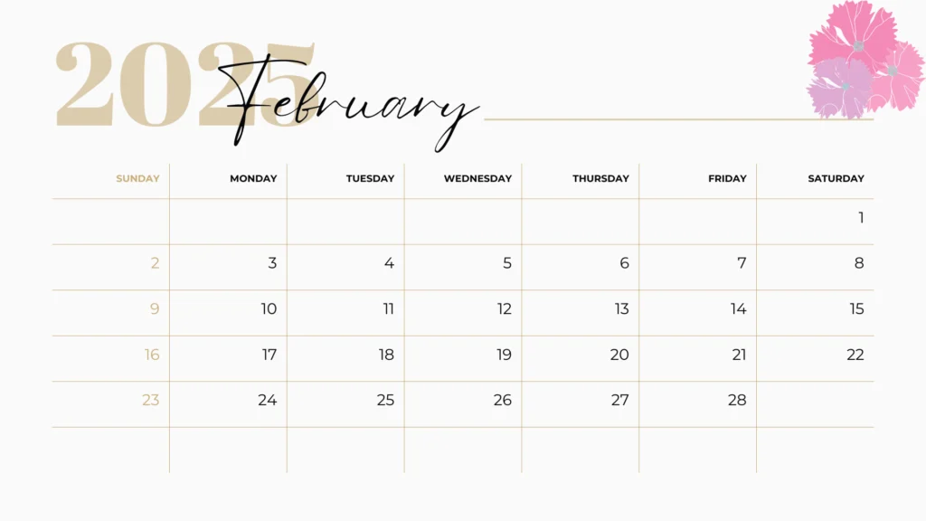 Black and golden February 2025 calendar with purple flower on white background