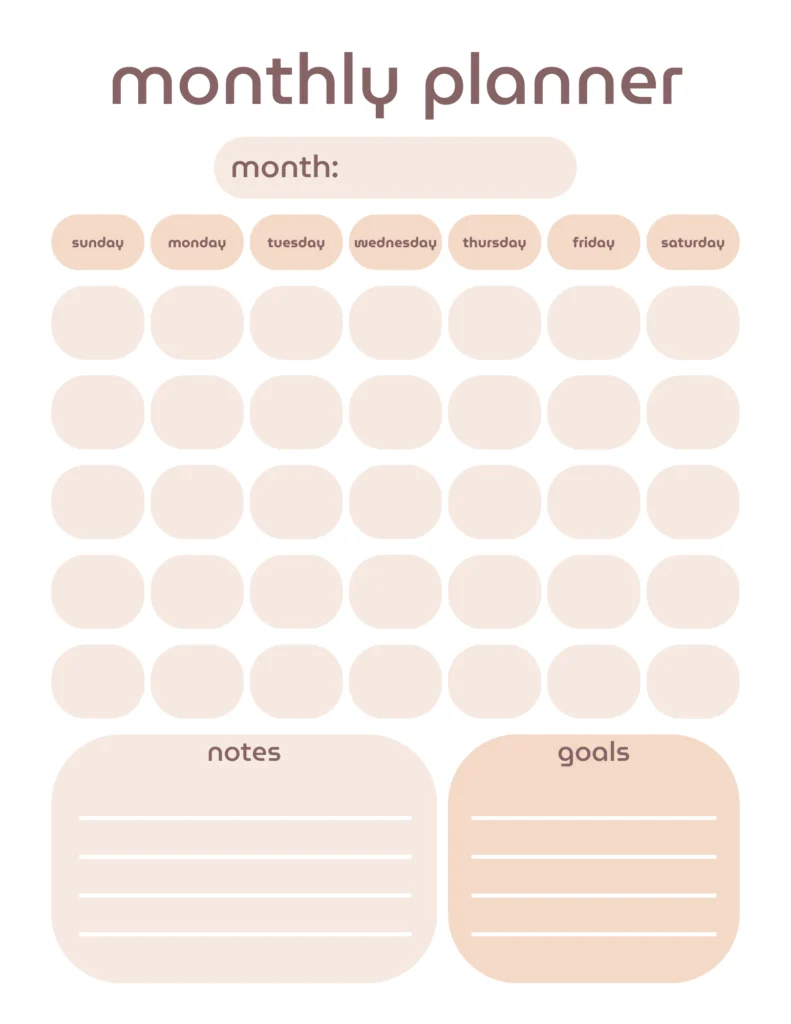 beige and pink retro bubbles monthly planner on a white background