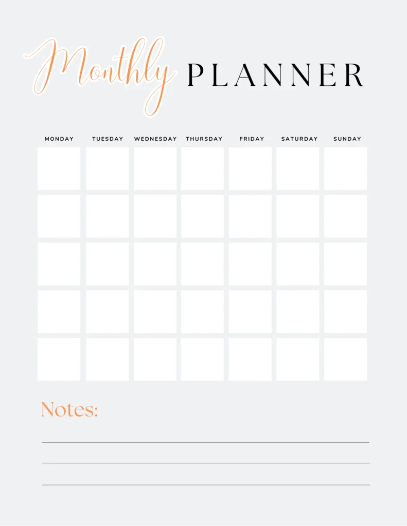 Gray and white boxes monthly planner with yellow heading