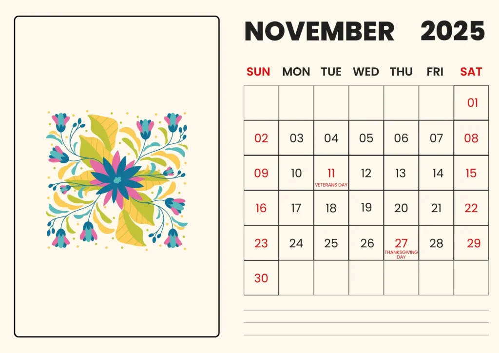 black and red November 2025 calendar with design on a pale background