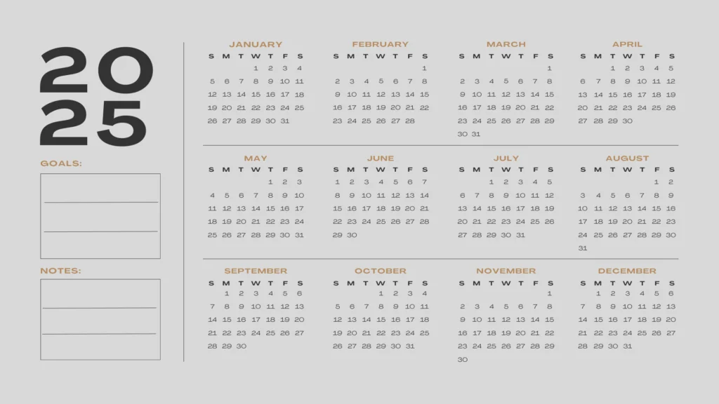 black and gold color 2025 calendar on a grey background