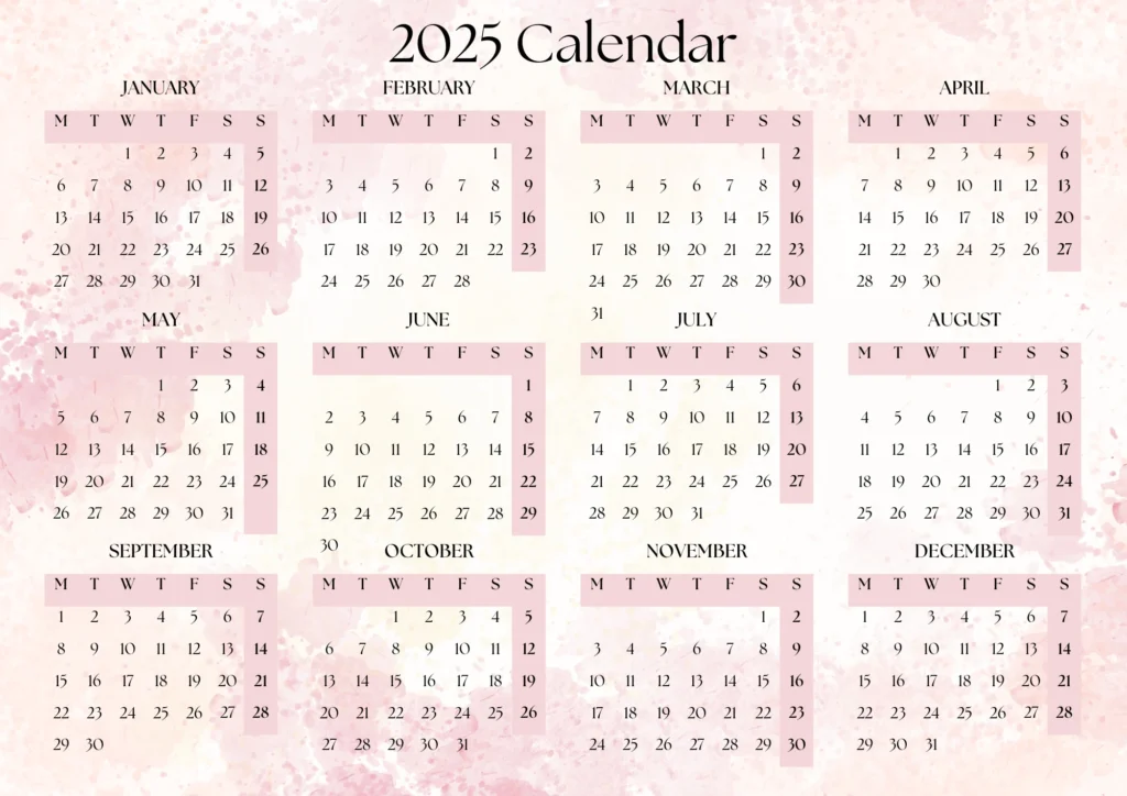 pink color 2025 calendar with pink floral background