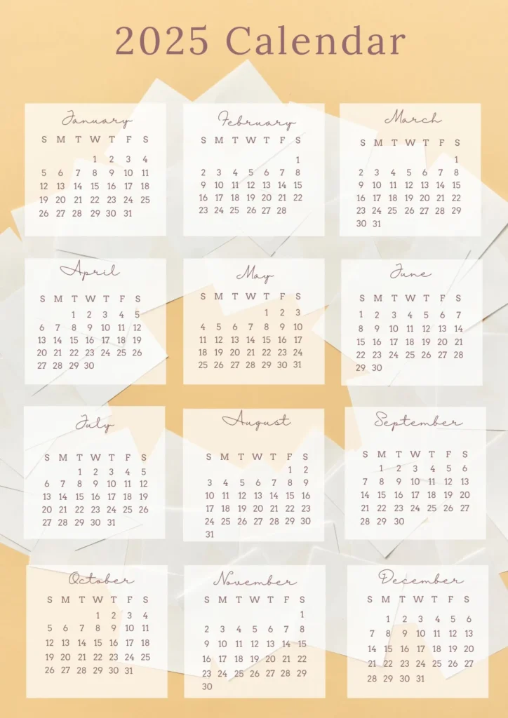 2025 month wise calendar white pages on yellow background
