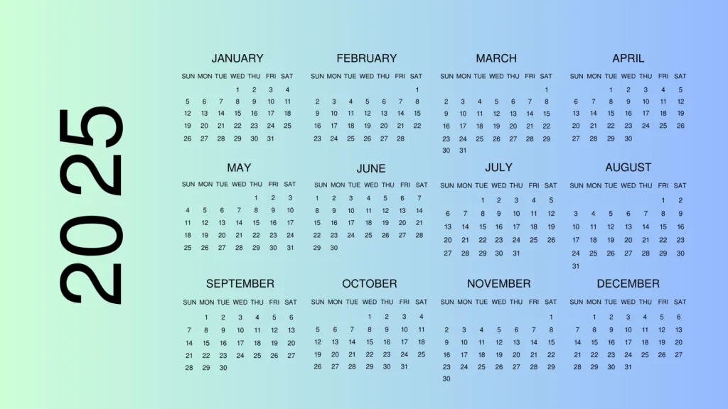 2025 calendar in black with a sea green and blue background