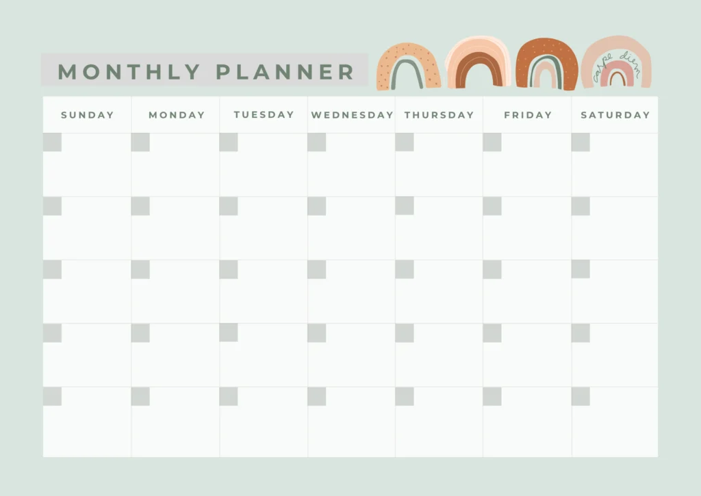 White boxed monthly planner on a green background
