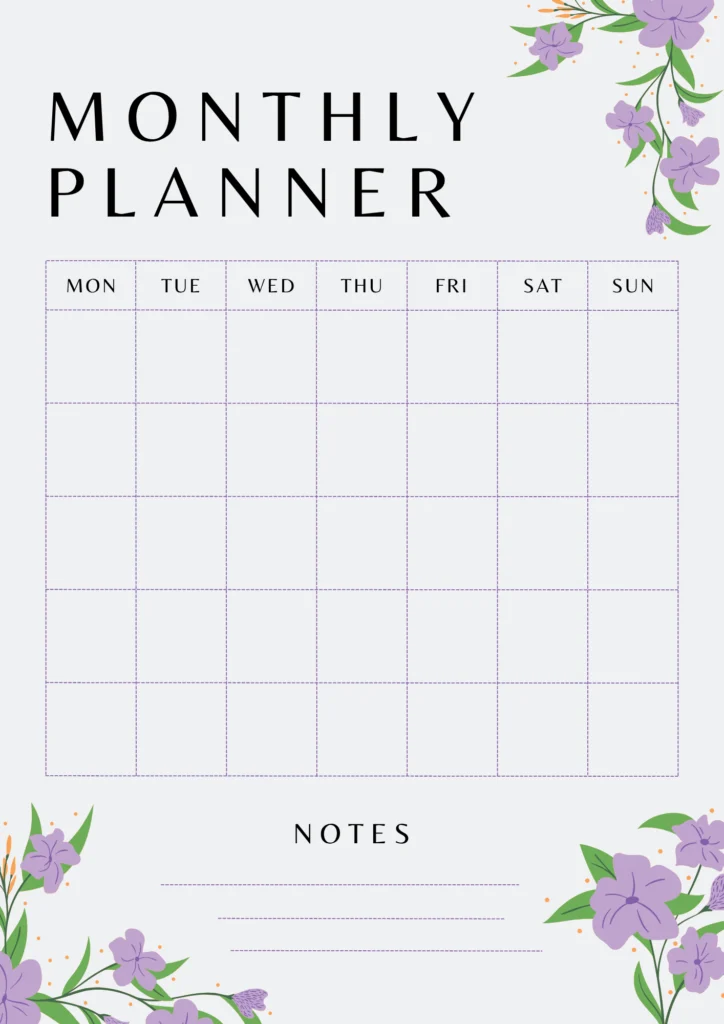 grey monthly planner with purples flowers in corners