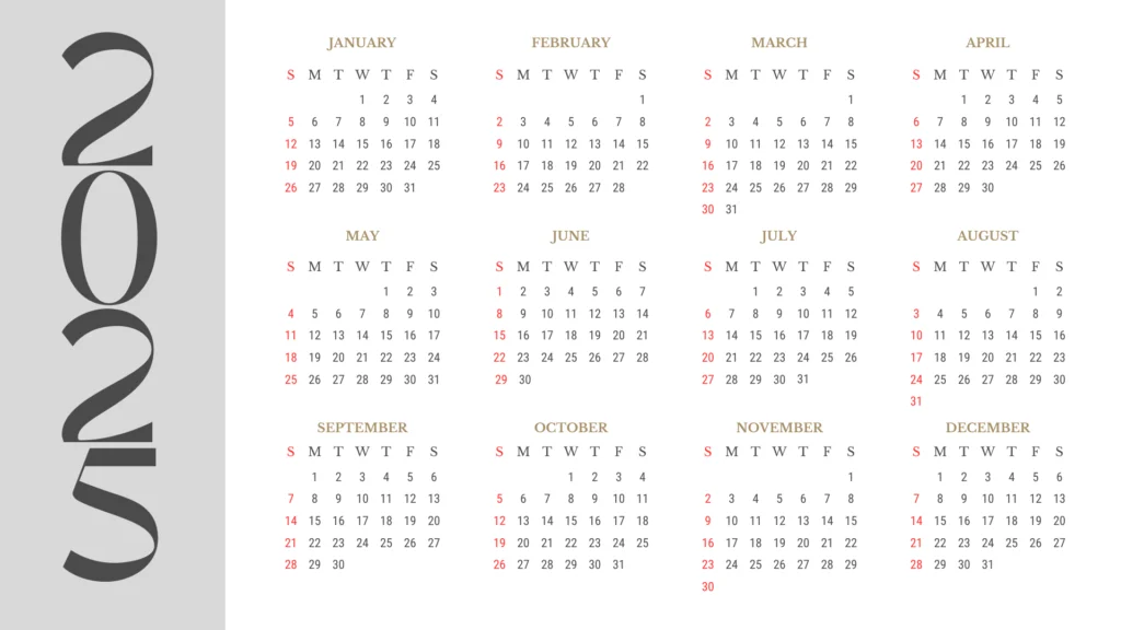 black, gold and red color 2025 calendar on a white and grey background