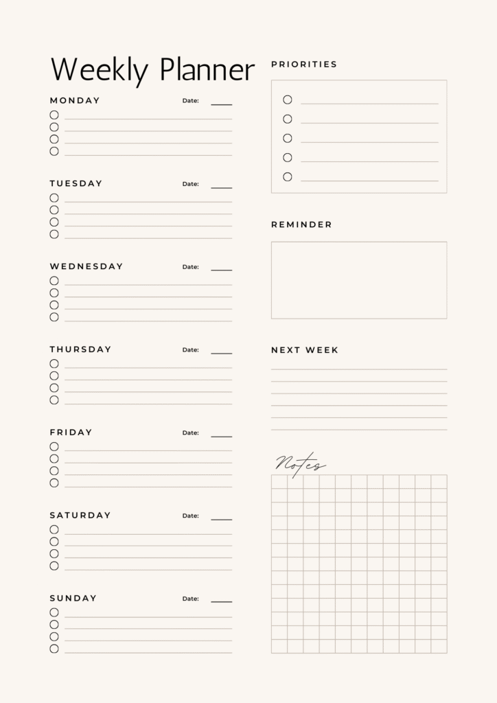 black weekly planner with days name and boxes on a beige background