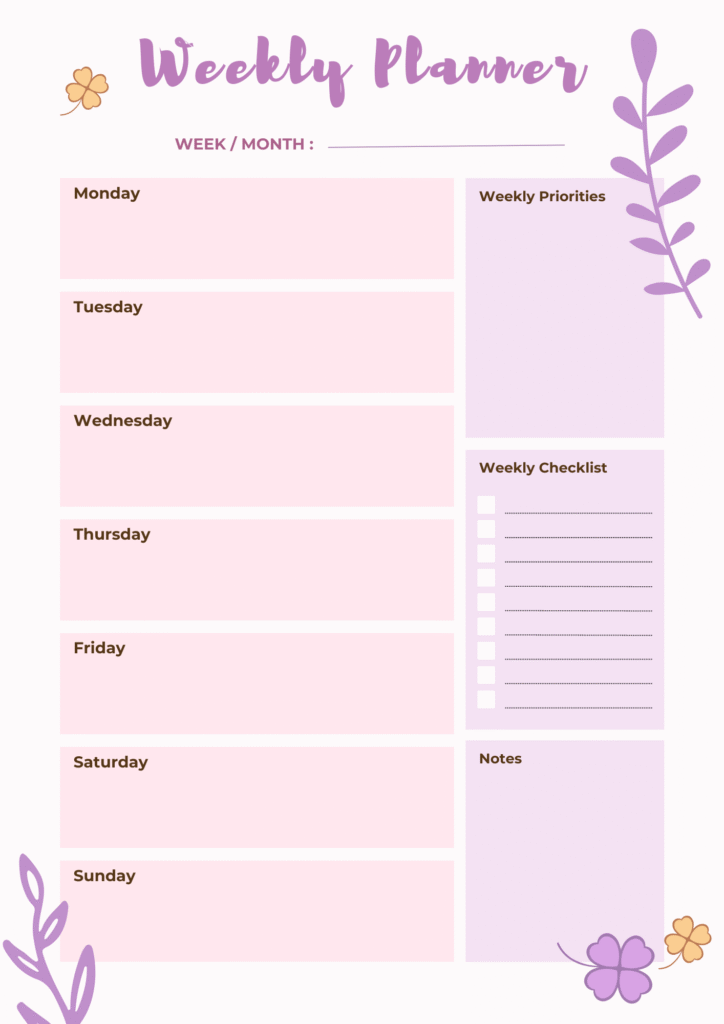 purple and pink weekly planner with flowers on a white background